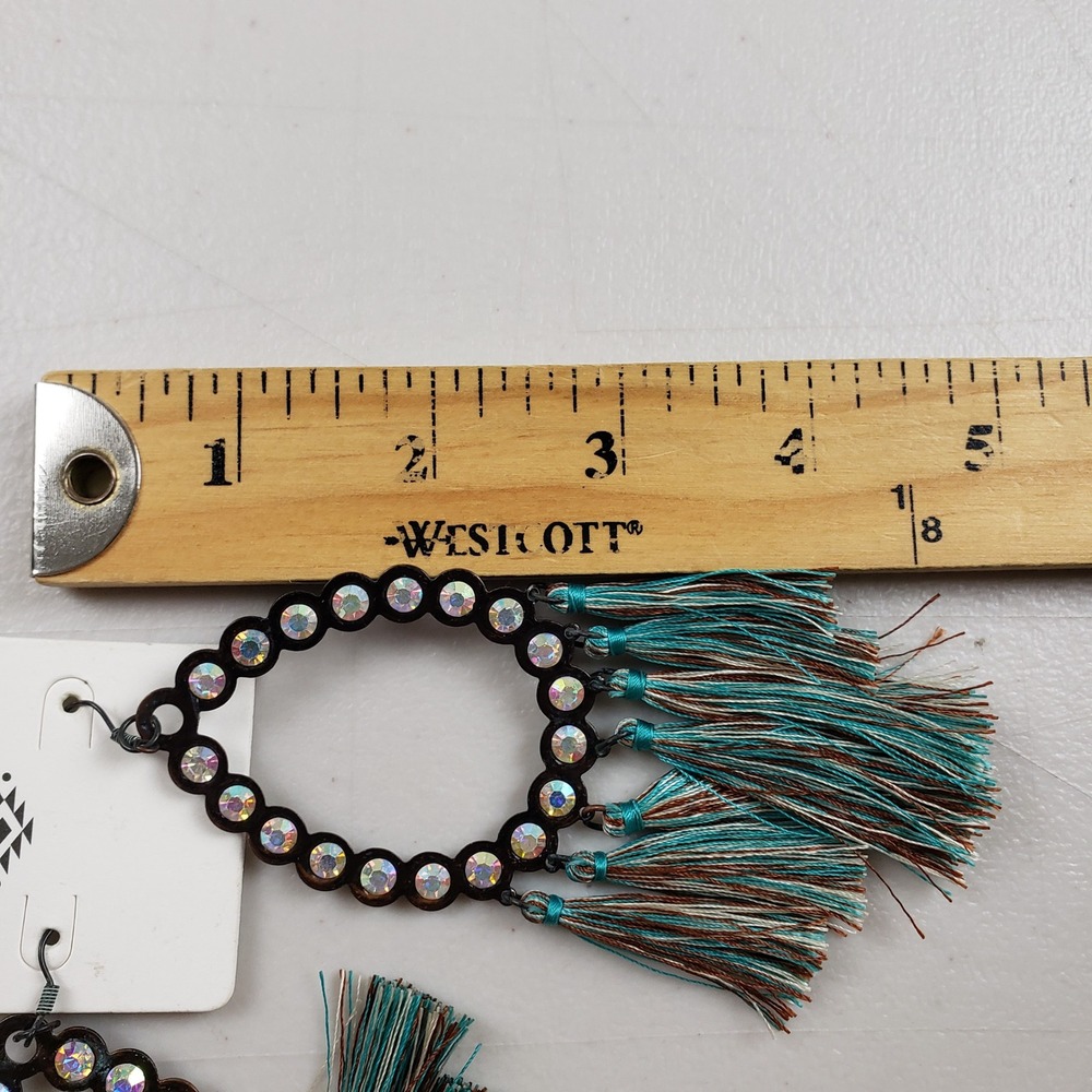 Boho Teal Brown Tassel Statement Earrings AB Crystal Copper Verdigris Boho Chic - Picture 6 of 7